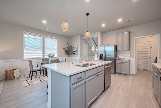 kitchen featuring visible vents, a sink, stainless steel appliances, light countertops, and gray cabinetry