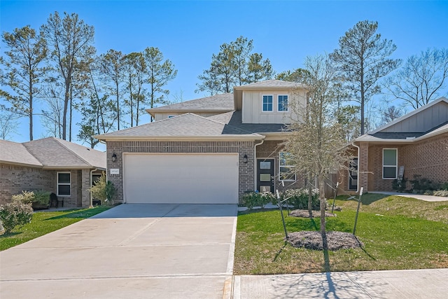 view of front facade featuring brick siding, a shingled roof, a front lawn, driveway, and an attached garage