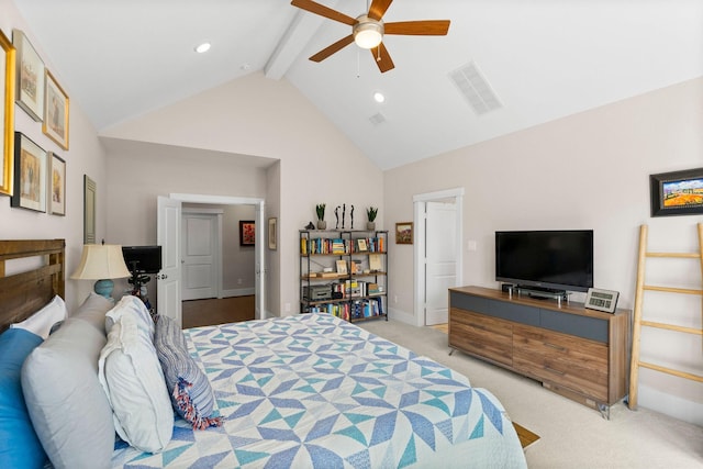 bedroom with light carpet, visible vents, ceiling fan, high vaulted ceiling, and beam ceiling