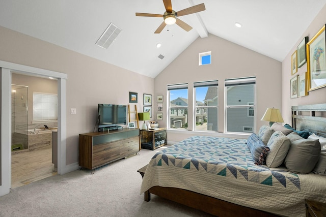 bedroom with light colored carpet, visible vents, ceiling fan, high vaulted ceiling, and beamed ceiling