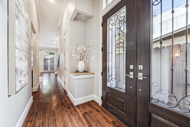 entrance foyer featuring french doors, recessed lighting, dark wood finished floors, and baseboards