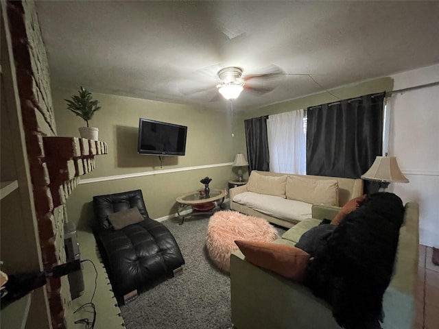 living room with carpet floors and a ceiling fan