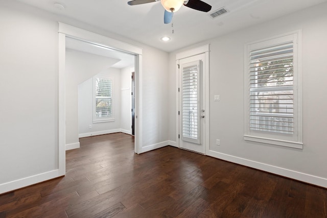 entryway with ceiling fan, recessed lighting, visible vents, baseboards, and dark wood finished floors