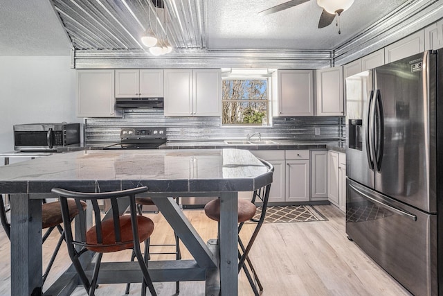 kitchen with light wood finished floors, backsplash, under cabinet range hood, stainless steel appliances, and a sink