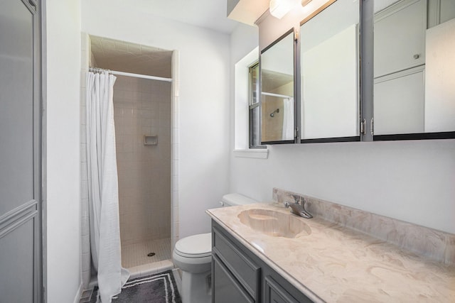 full bathroom with toilet, a stall shower, and vanity