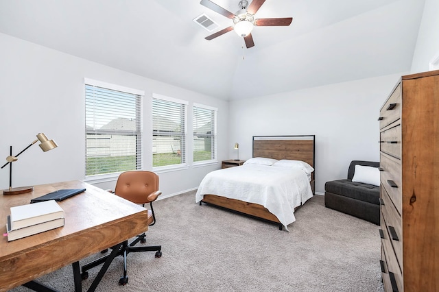 carpeted bedroom featuring lofted ceiling, baseboards, visible vents, and a ceiling fan