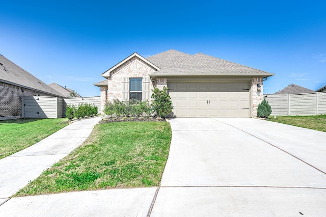 view of front facade with driveway, roof with shingles, an attached garage, fence, and a front lawn