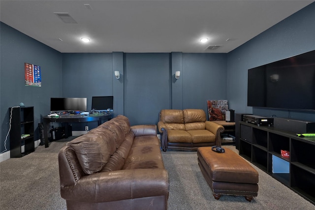 living room featuring carpet, visible vents, and recessed lighting