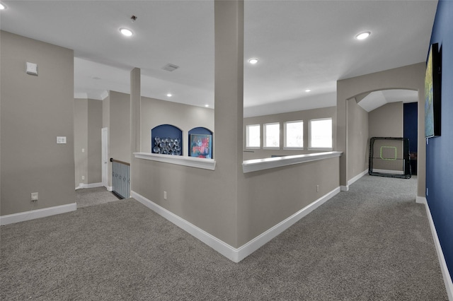 corridor featuring baseboards, visible vents, carpet flooring, and recessed lighting