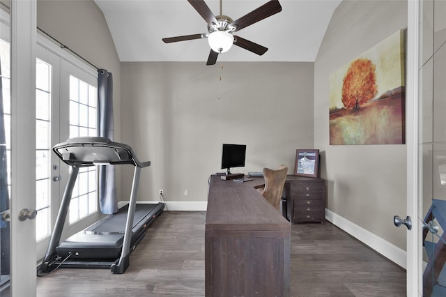 office featuring baseboards, vaulted ceiling, and dark wood-style flooring