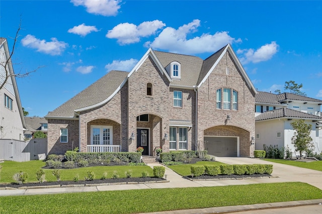 french country style house featuring concrete driveway, an attached garage, fence, a front lawn, and brick siding