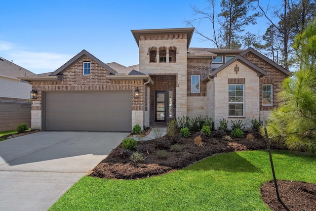 view of front facade featuring a garage, brick siding, concrete driveway, stone siding, and a front yard