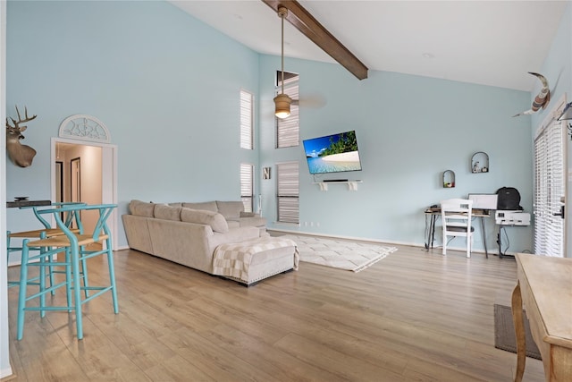 living area with a wealth of natural light, beam ceiling, and wood finished floors