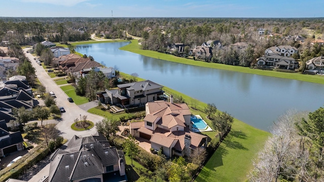 bird's eye view with a residential view and a water view