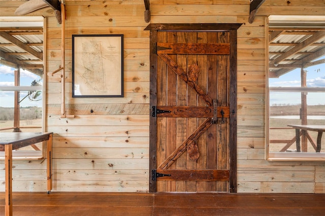 interior details featuring wood finished floors and wooden walls