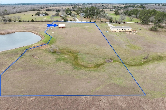 bird's eye view featuring a rural view and a water view