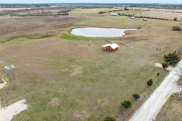 bird's eye view featuring a rural view and a water view