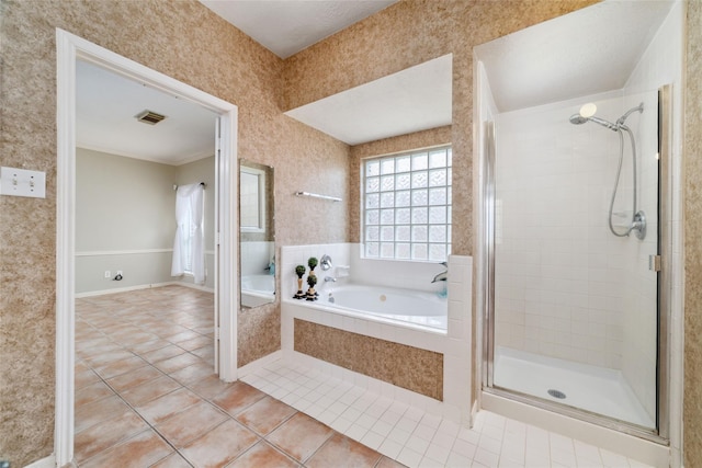 full bath with a garden tub, a shower stall, visible vents, and tile patterned floors