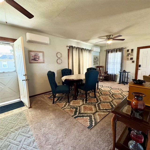 dining space featuring carpet, a textured ceiling, and an AC wall unit