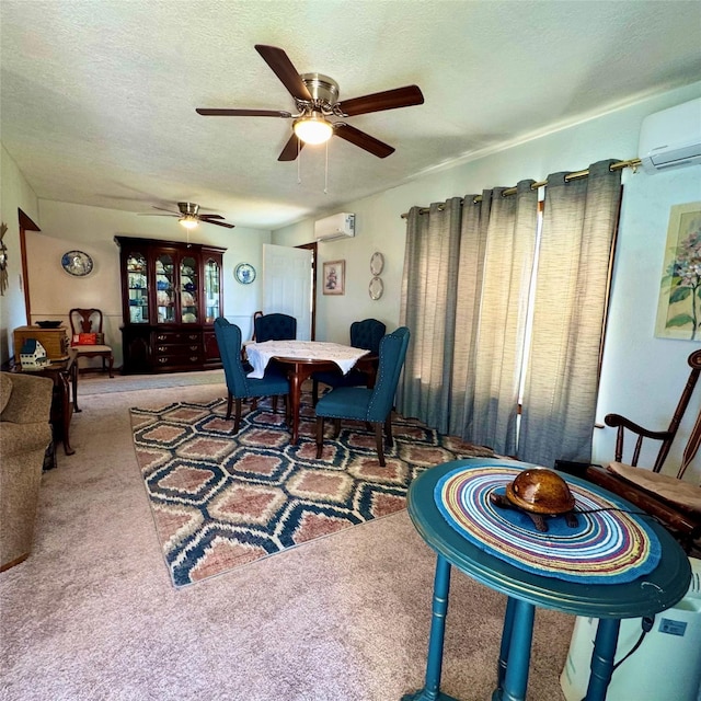 carpeted dining area featuring a textured ceiling, a wall unit AC, and a ceiling fan