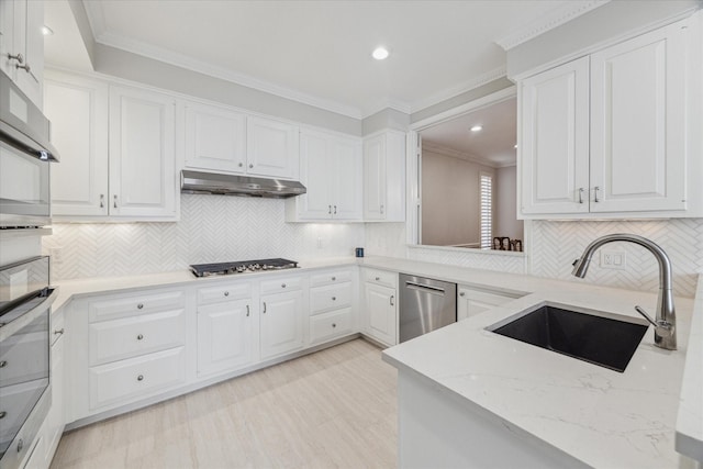 kitchen with crown molding, stainless steel appliances, a sink, light stone countertops, and under cabinet range hood