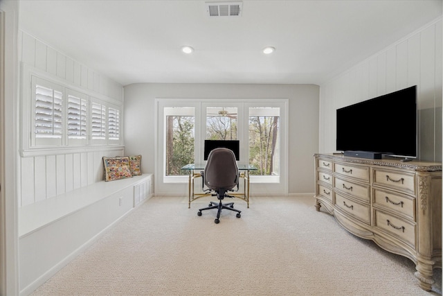 office space with recessed lighting, visible vents, and light colored carpet