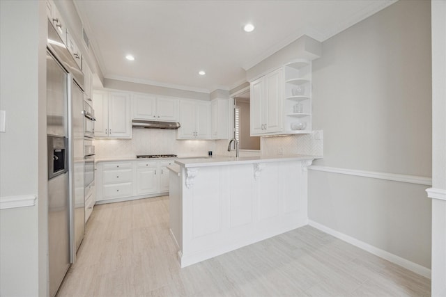 kitchen featuring a breakfast bar, a peninsula, stainless steel appliances, under cabinet range hood, and open shelves