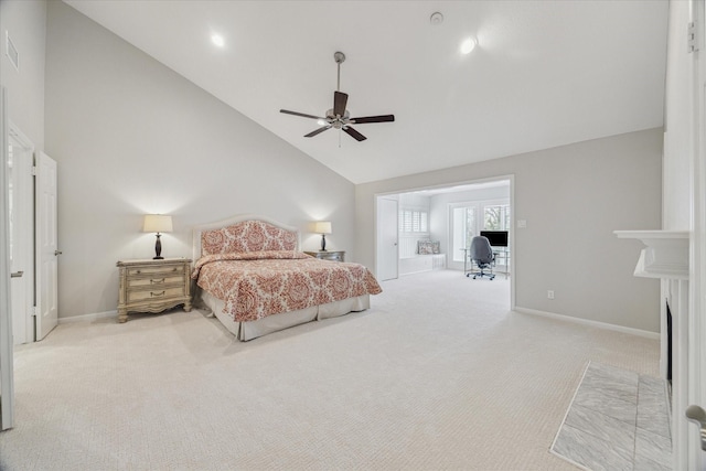 bedroom featuring ceiling fan, carpet floors, high vaulted ceiling, and baseboards