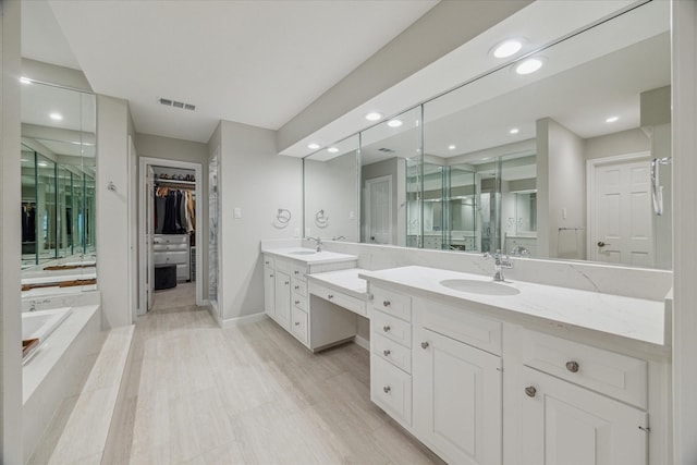 bathroom featuring visible vents, a spacious closet, vanity, baseboards, and a bath