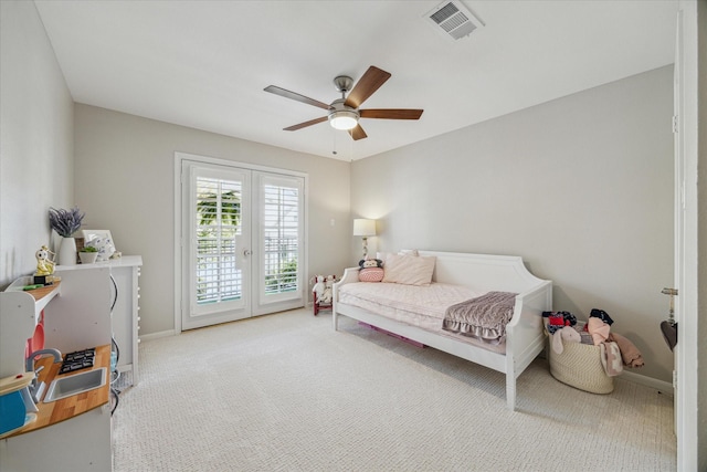 bedroom featuring carpet floors, visible vents, baseboards, access to exterior, and french doors