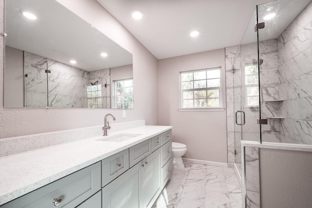 20650 S Hillcrest Dr, Porter, TX 77365 - full bathroom featuring marble finish flooring, healthy amount of natural light, recessed lighting, a marble finish shower, and vanity