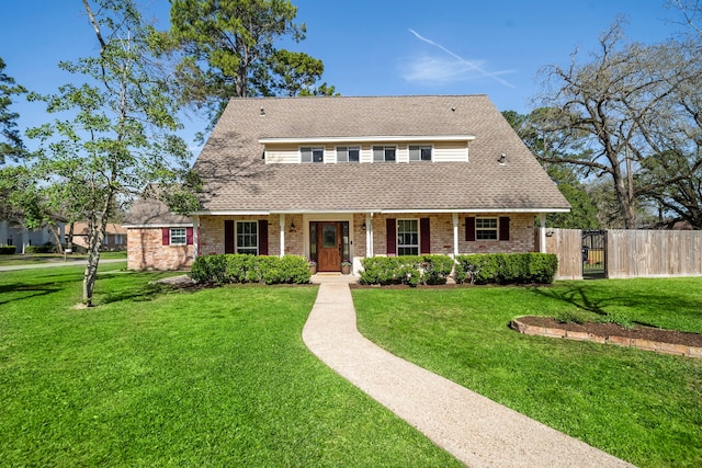 view of front of house with brick siding, a front yard, fence, and roof with shingles