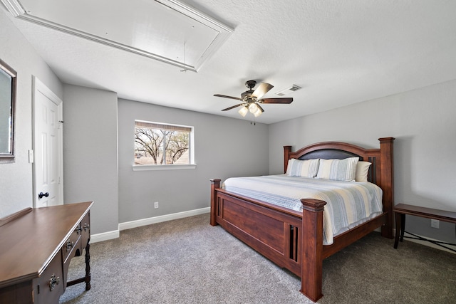 bedroom with attic access, visible vents, baseboards, ceiling fan, and carpet flooring