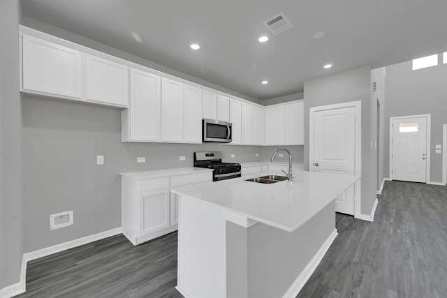715 Whispering Winds Dr, Beasley, TX 77417 - kitchen featuring appliances with stainless steel finishes, a sink, baseboards, dark wood-style flooring, and recessed lighting