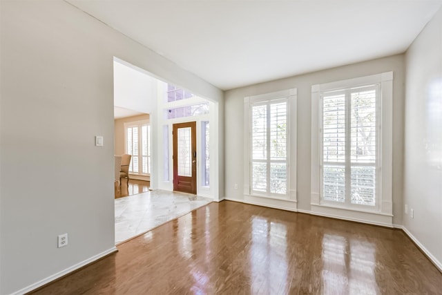 entrance foyer featuring wood finished floors, a wealth of natural light, and baseboards