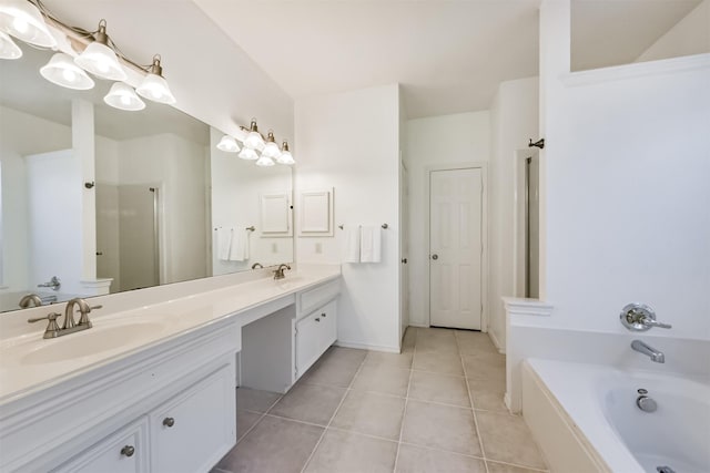 full bathroom with double vanity, a bath, tile patterned flooring, walk in shower, and a sink