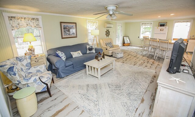 living area with a ceiling fan, a textured ceiling, ornamental molding, and an AC wall unit