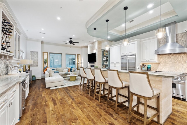 kitchen featuring a tray ceiling, dark wood finished floors, appliances with stainless steel finishes, white cabinets, and wall chimney exhaust hood