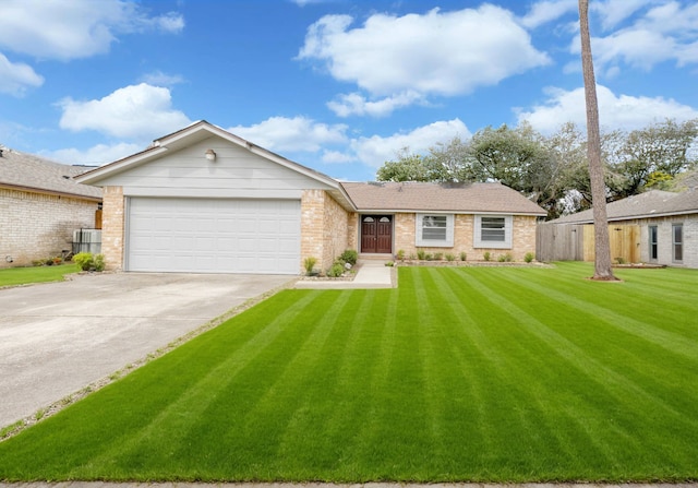 ranch-style house with brick siding, concrete driveway, an attached garage, central AC unit, and a front yard