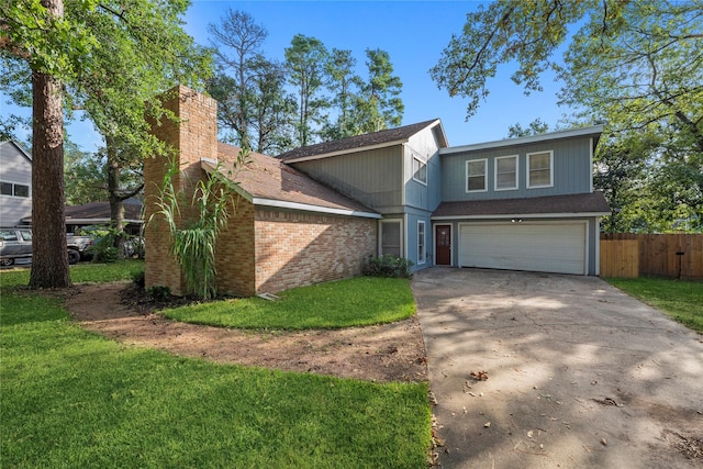 view of front of property featuring a garage, brick siding, fence, concrete driveway, and a front yard