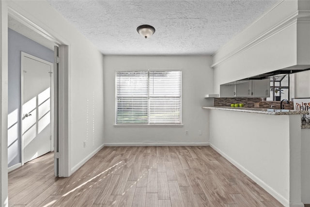 unfurnished dining area featuring light wood finished floors, baseboards, and a textured ceiling