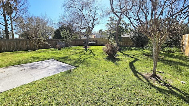 view of yard with a fenced backyard and a patio