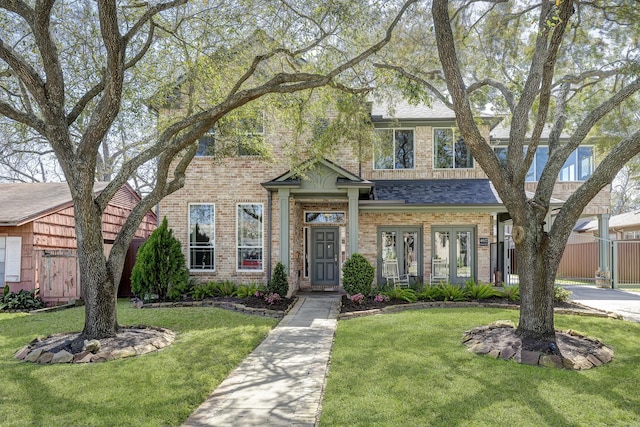 view of front of home featuring a shingled roof, a front yard, fence, and brick siding