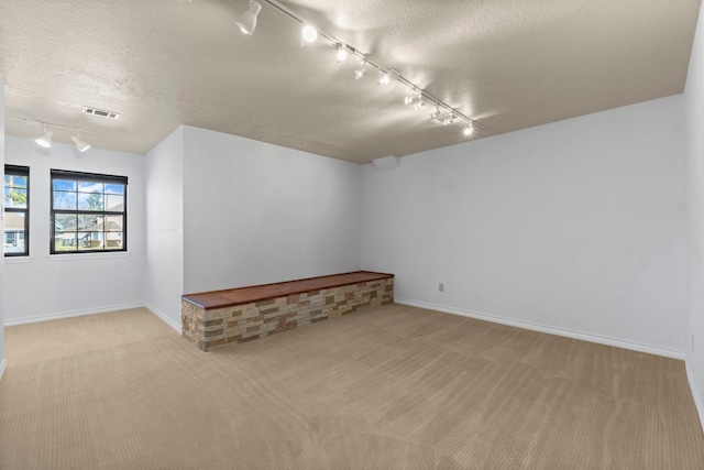 carpeted empty room with a textured ceiling, visible vents, and baseboards