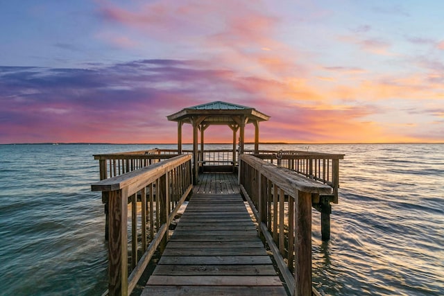 dock area featuring a water view and a gazebo