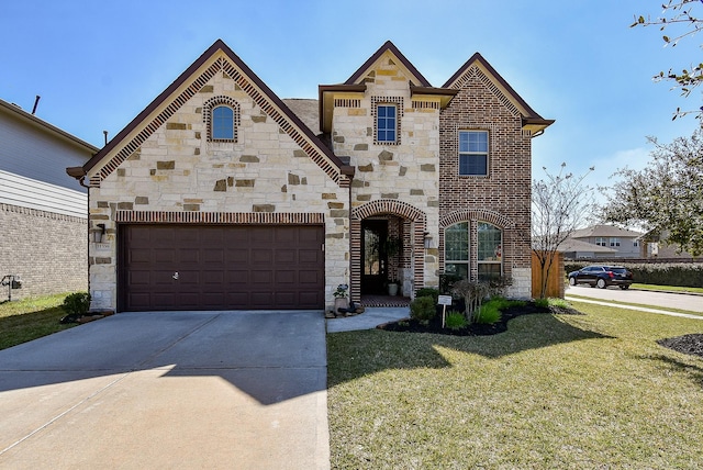 view of front of home with driveway, stone siding, an attached garage, and a front lawn