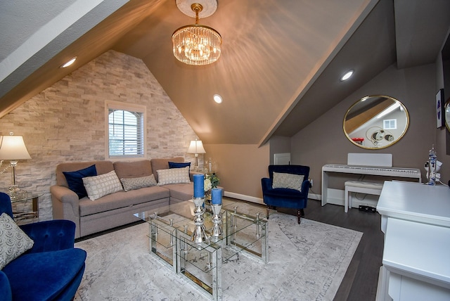 living room featuring baseboards, wood finished floors, vaulted ceiling, a notable chandelier, and recessed lighting