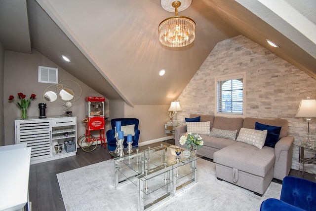 living room with baseboards, visible vents, lofted ceiling, wood finished floors, and an inviting chandelier