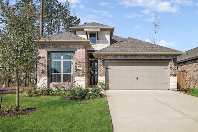 prairie-style house with an attached garage, brick siding, stone siding, driveway, and a front yard