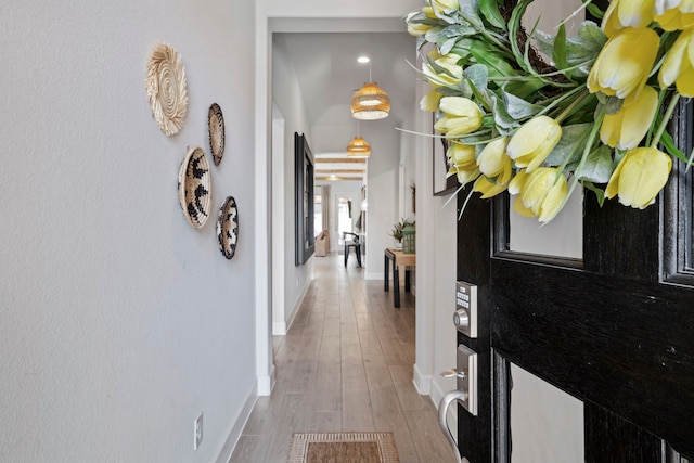 hallway featuring wood finished floors and baseboards